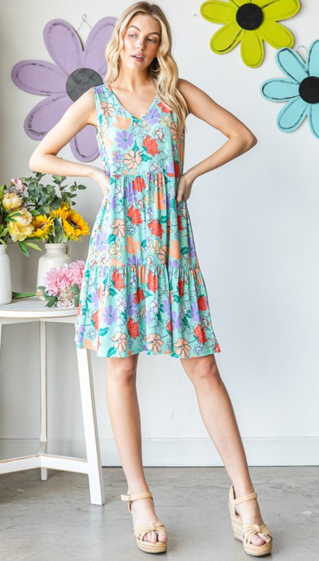 Mint Floral Tiered Ruffle Sun Dress