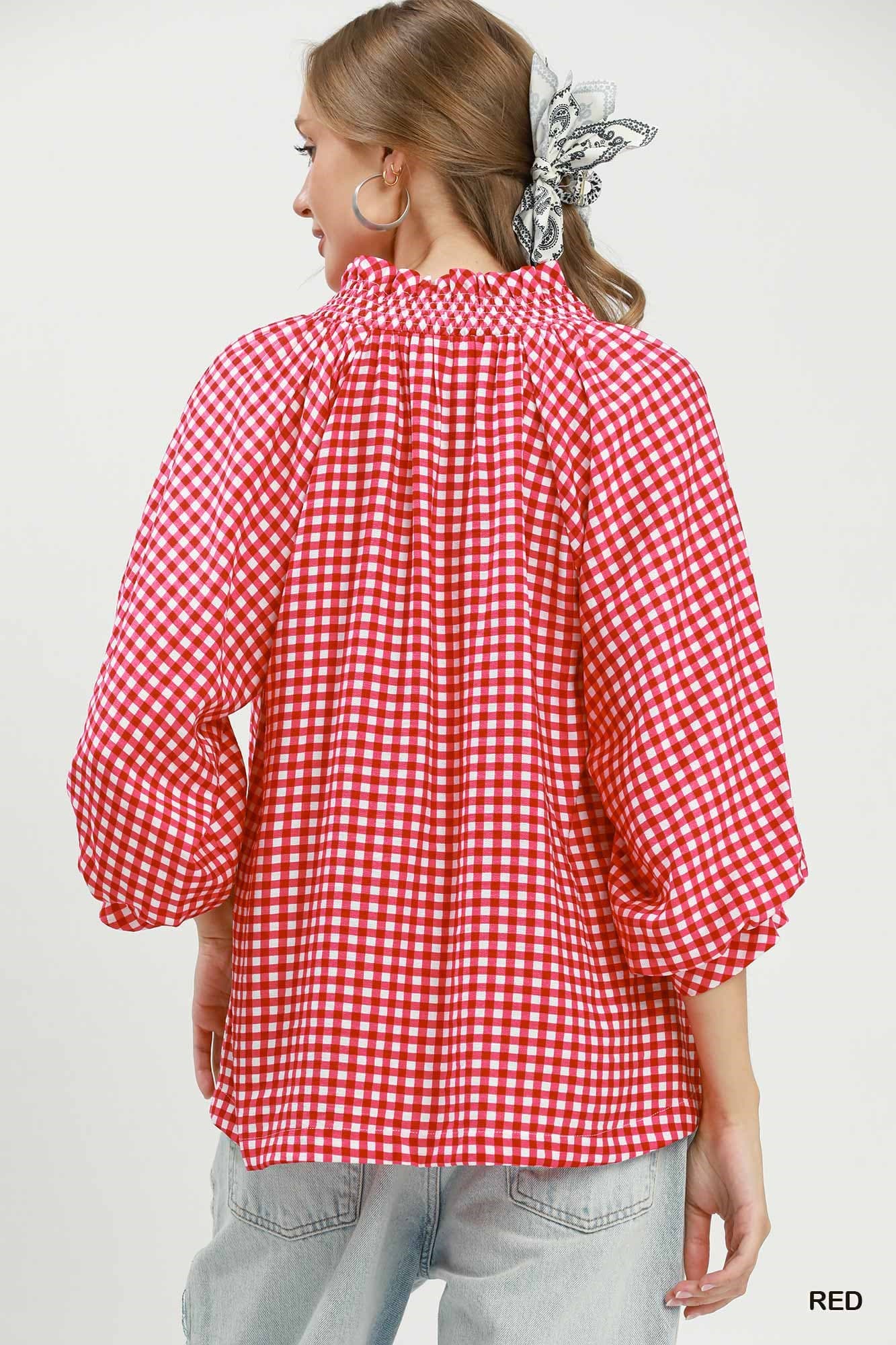 UMGEE Gingham Check Puff Sleeve Top