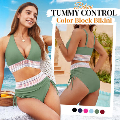 🔥 Hot Sale! High Waisted Tummy Control Bikini Set 🌴 Color Block Summer Swimwear ✨ Flattering & Trendy