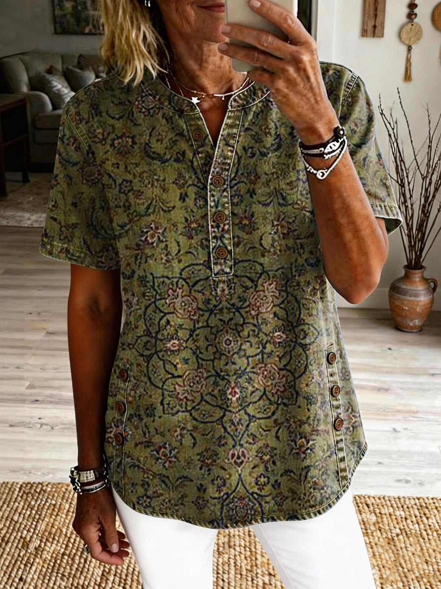Women's Retro Ethnic Floral Art Print Casual Short-sleeve Washed Cotton Denim Top