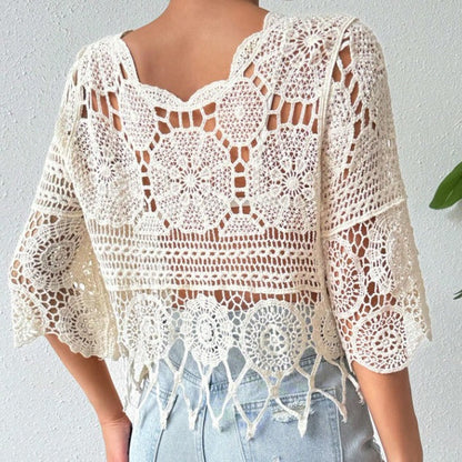 🌴Boho Chic Swim Cover-Up✨ Fringe Knit Top with 3/4 Sleeves👙 Casual Beach & Party Wear☀️ Spring & Fall