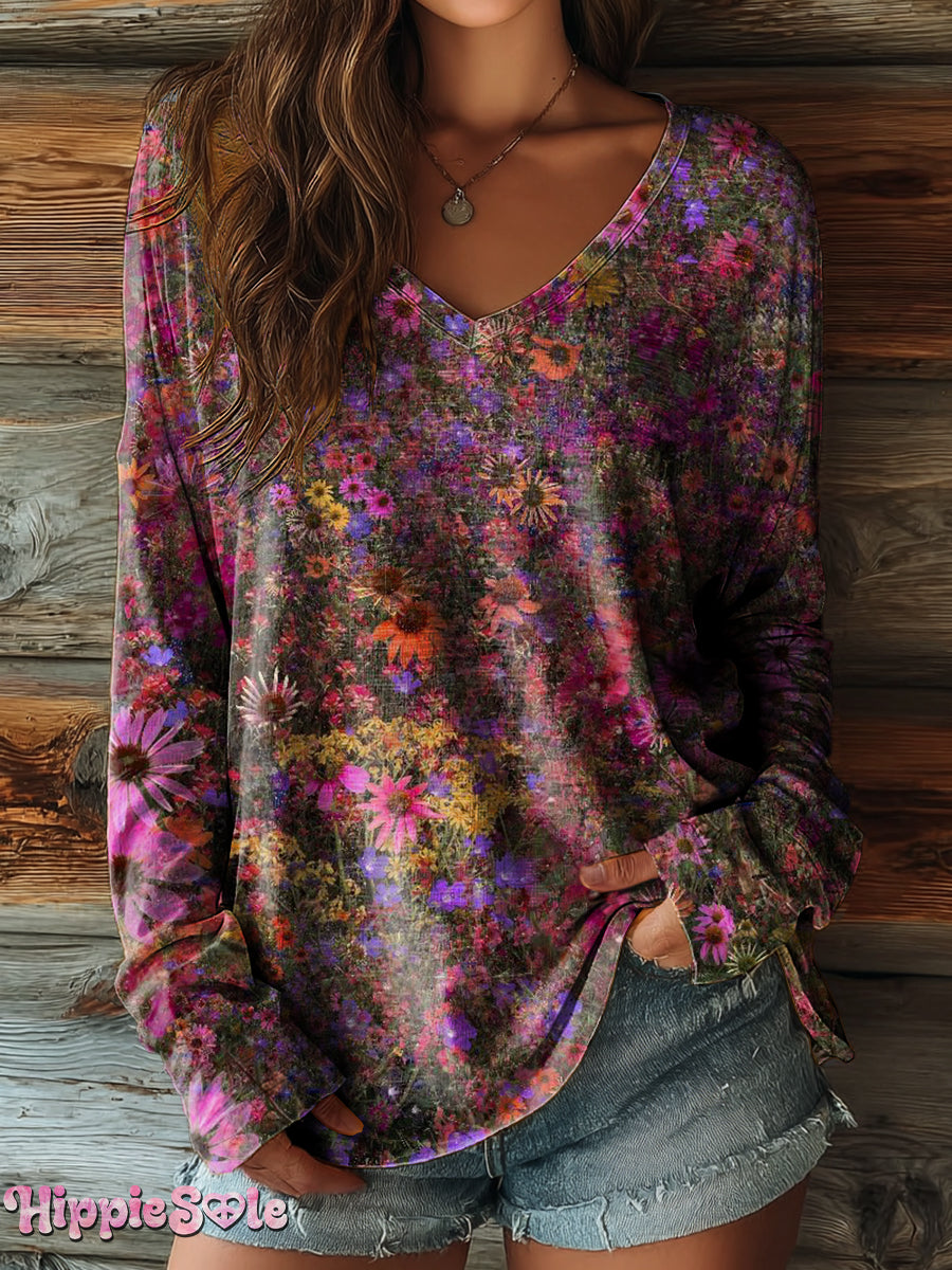 Women's Vintage Floral Art Print Casual V-neck Long Sleeve T-shirt
