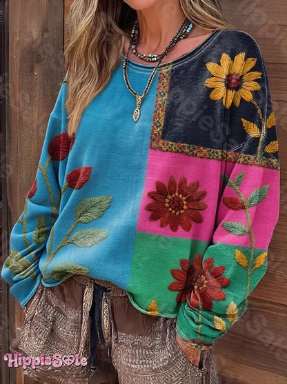 Women's Bohemian Floral Pattern Patchwork Art Print Casual Long Sleeve T-shirt