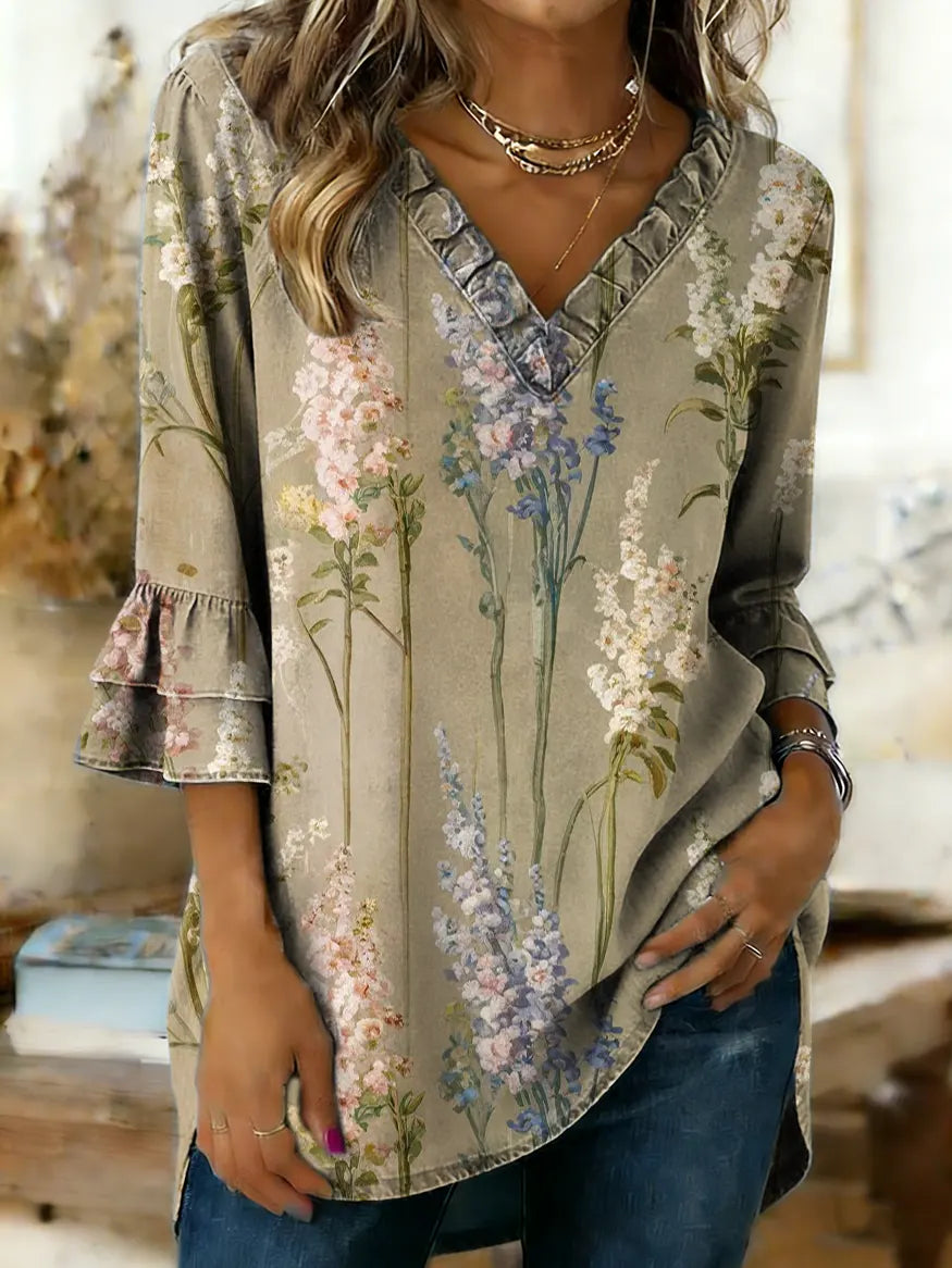Women's Floral Art Print Ruffled V-Neck Denim Cotton Top