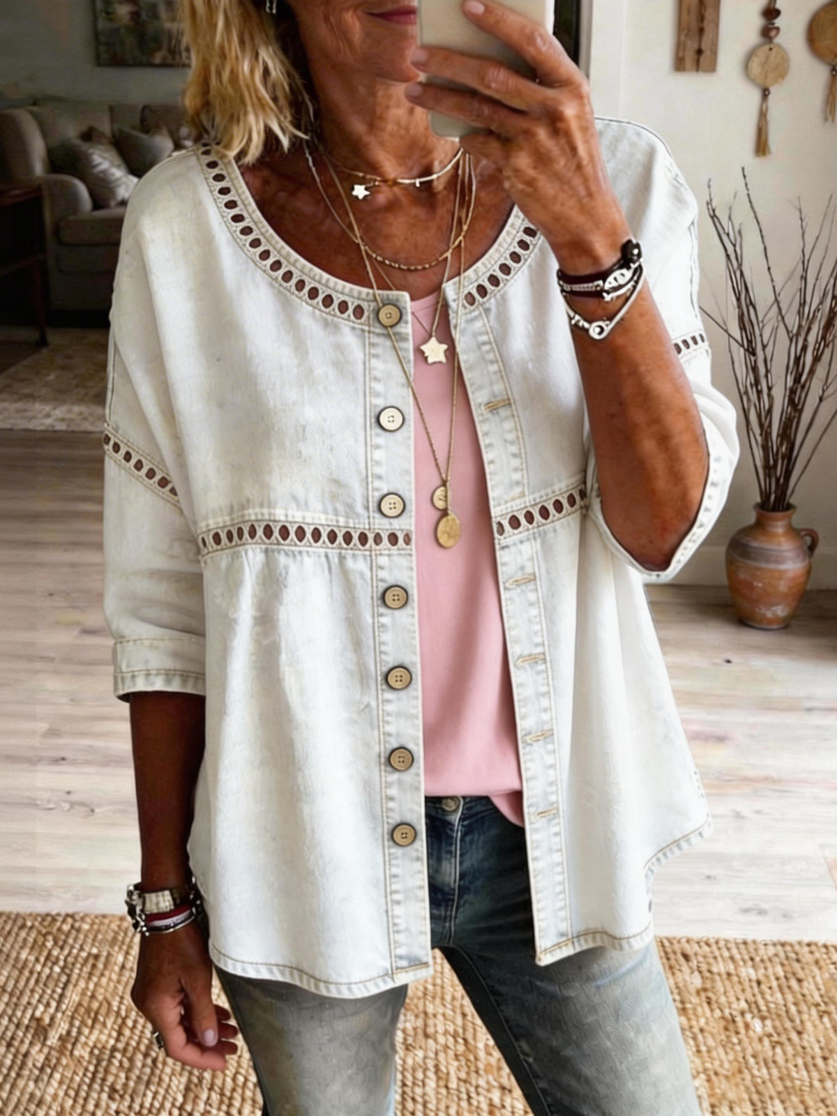 Women's Casual Round Neck Hollow-out Washed Cotton Denim Cardigan Shirt