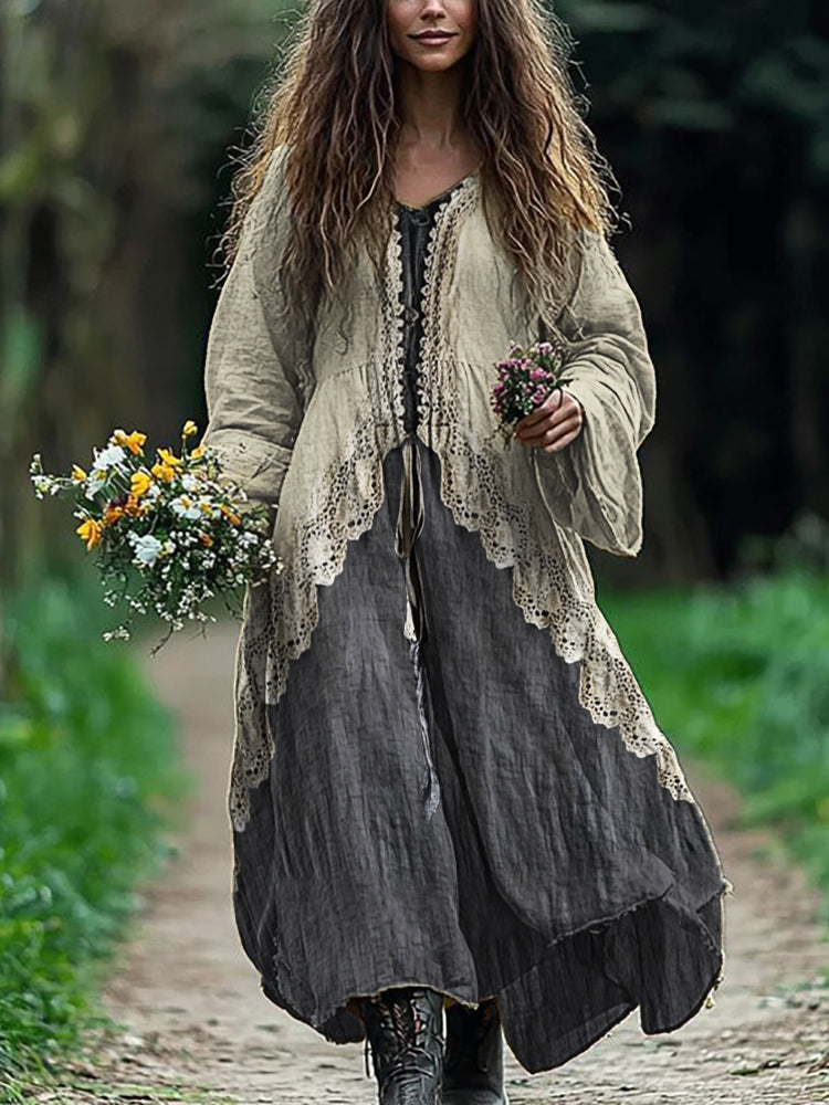 Vintage Lace Hem Layered Flowy Linen Maxi Dress