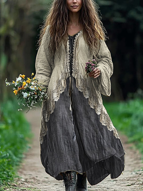Vintage Lace Hem Layered Flowy Linen Maxi Dress