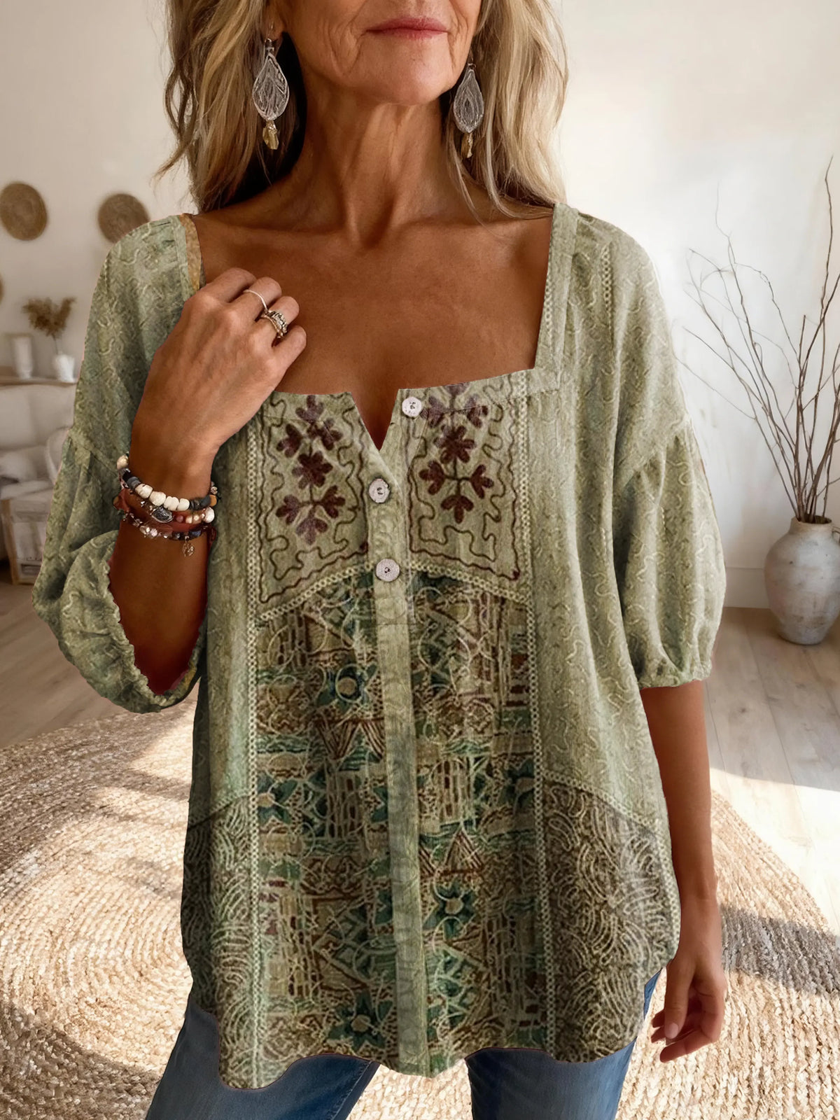Women's Vintage Ethnic Print Artistic Casual Square Neck Top