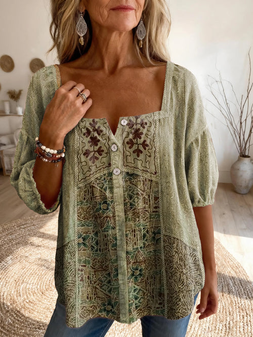 Women's Vintage Ethnic Print Artistic Casual Square Neck Top