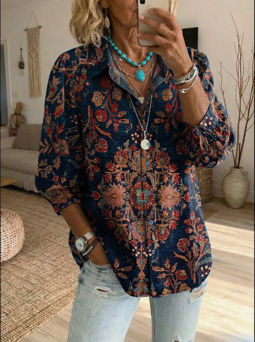 Women's Bohemian Retro Ethnic Floral Art Print Casual Lapel Short-Sleeve Top
