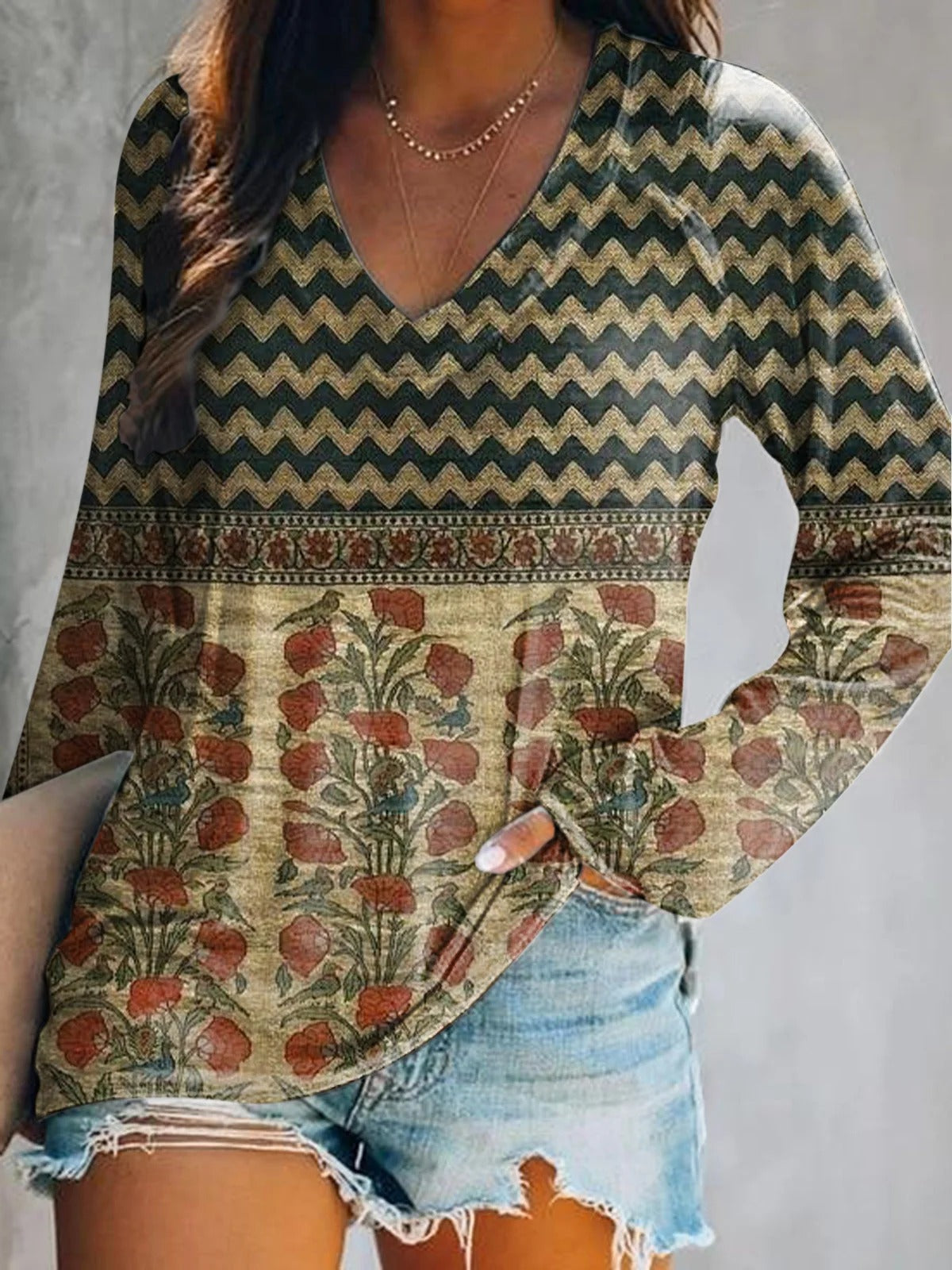 Women's Vintage Bohemian Floral Art Print Casual Cotton Linen Shirt