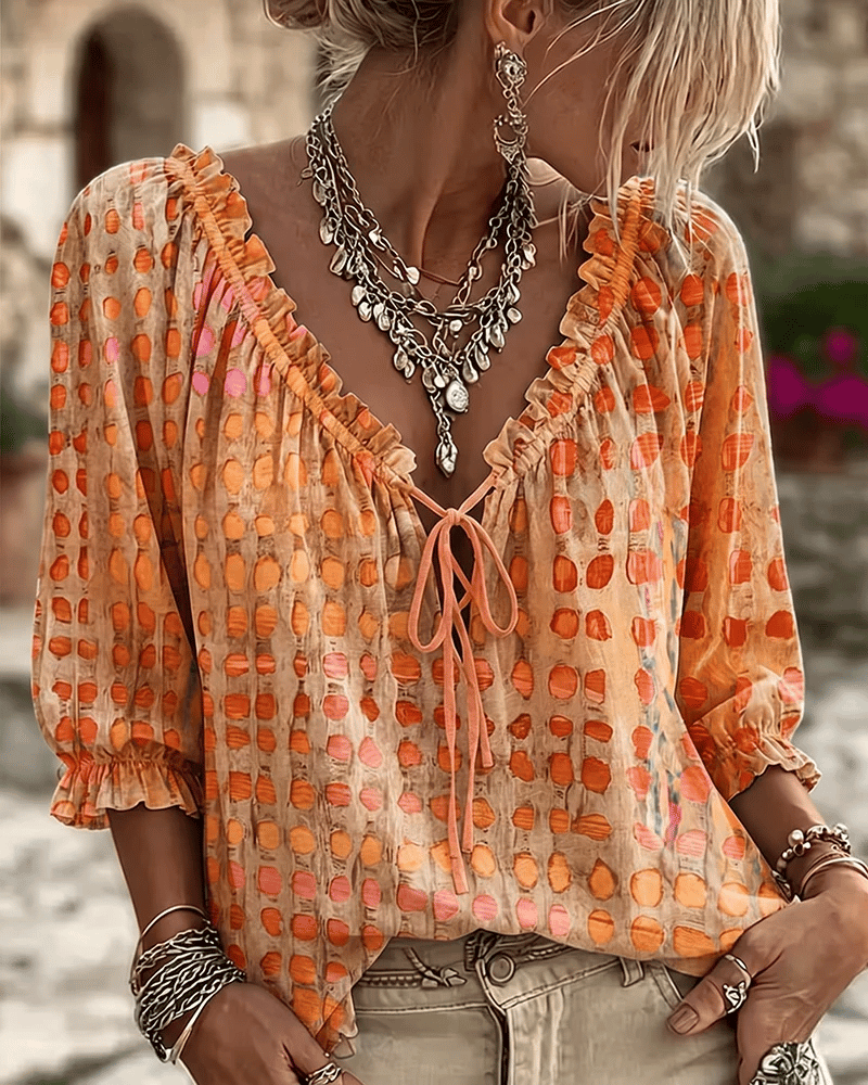 Bevelyn - Soft-Touch Polka Dot Lace-Up Blouse