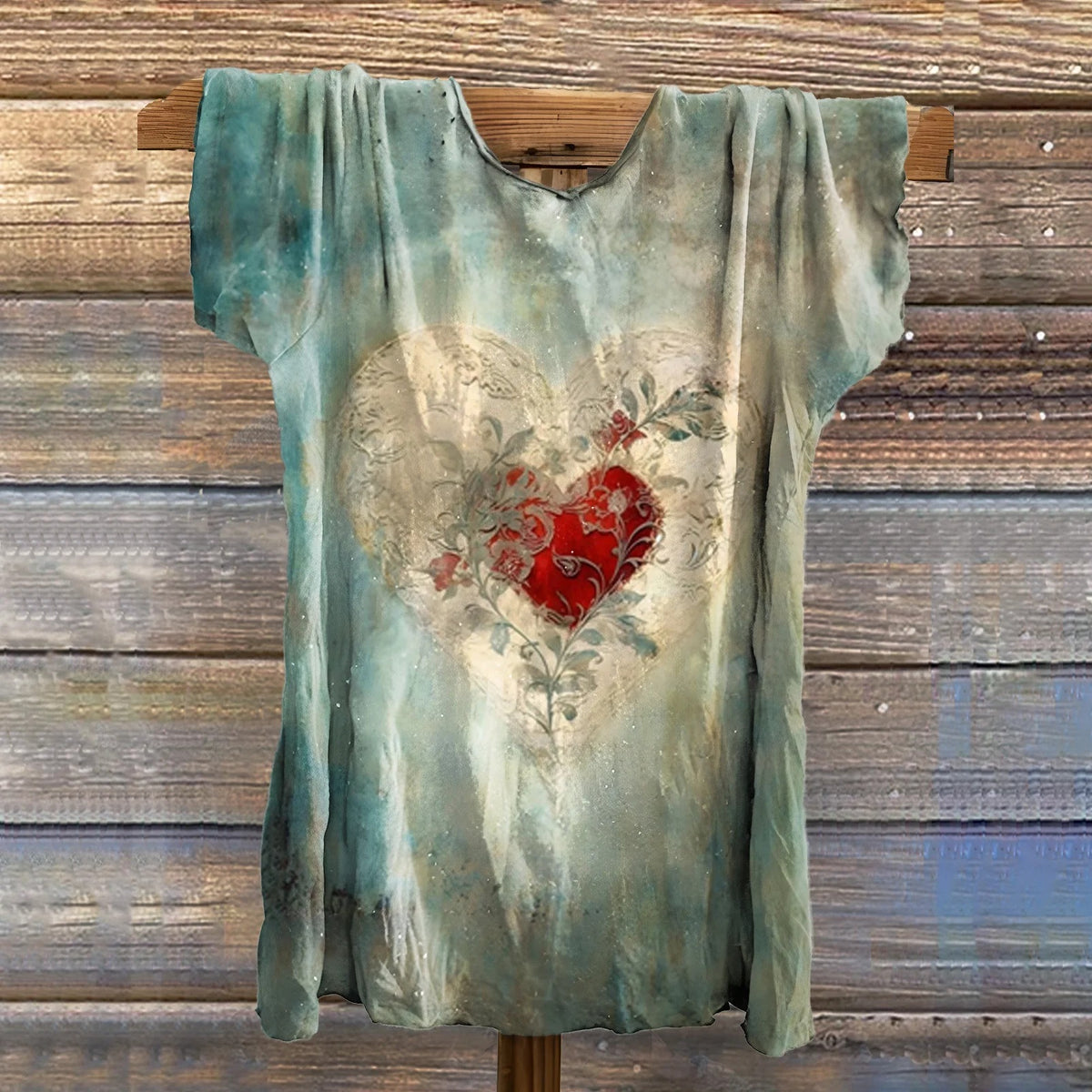 Women's V-Neck Casual T-Shirt with Heart Tattoo Art Print