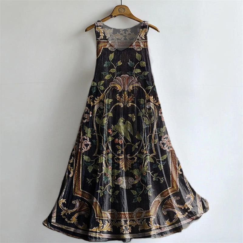 Women's Vintage Ethnic Bird Floral Tattoo Pattern Art Print Sleeveless Cotton Pocket Dresses