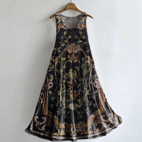 Women's Vintage Ethnic Bird Floral Tattoo Pattern Art Print Sleeveless Cotton Pocket Dresses
