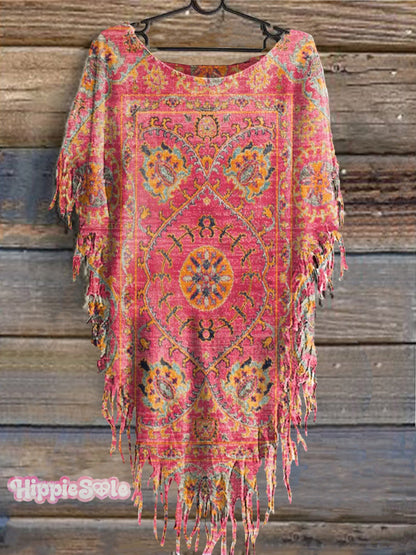 Women's Vintage Floral Totem Print Punk Hippie Batwing Tussle Fringes Poncho Dress