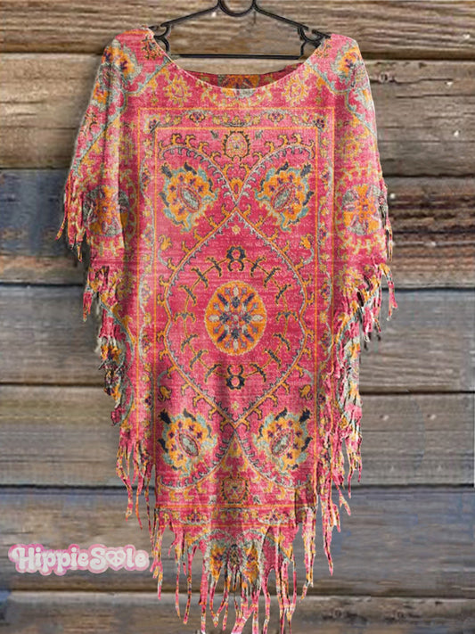 Women's Vintage Floral Totem Print Punk Hippie Batwing Tussle Fringes Poncho Dress