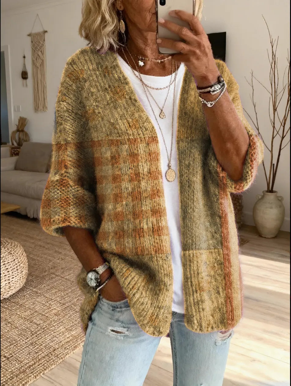 Ethnicity Patchwork Checkered Pattern Women's Art Print Casual Cardigan Sweater