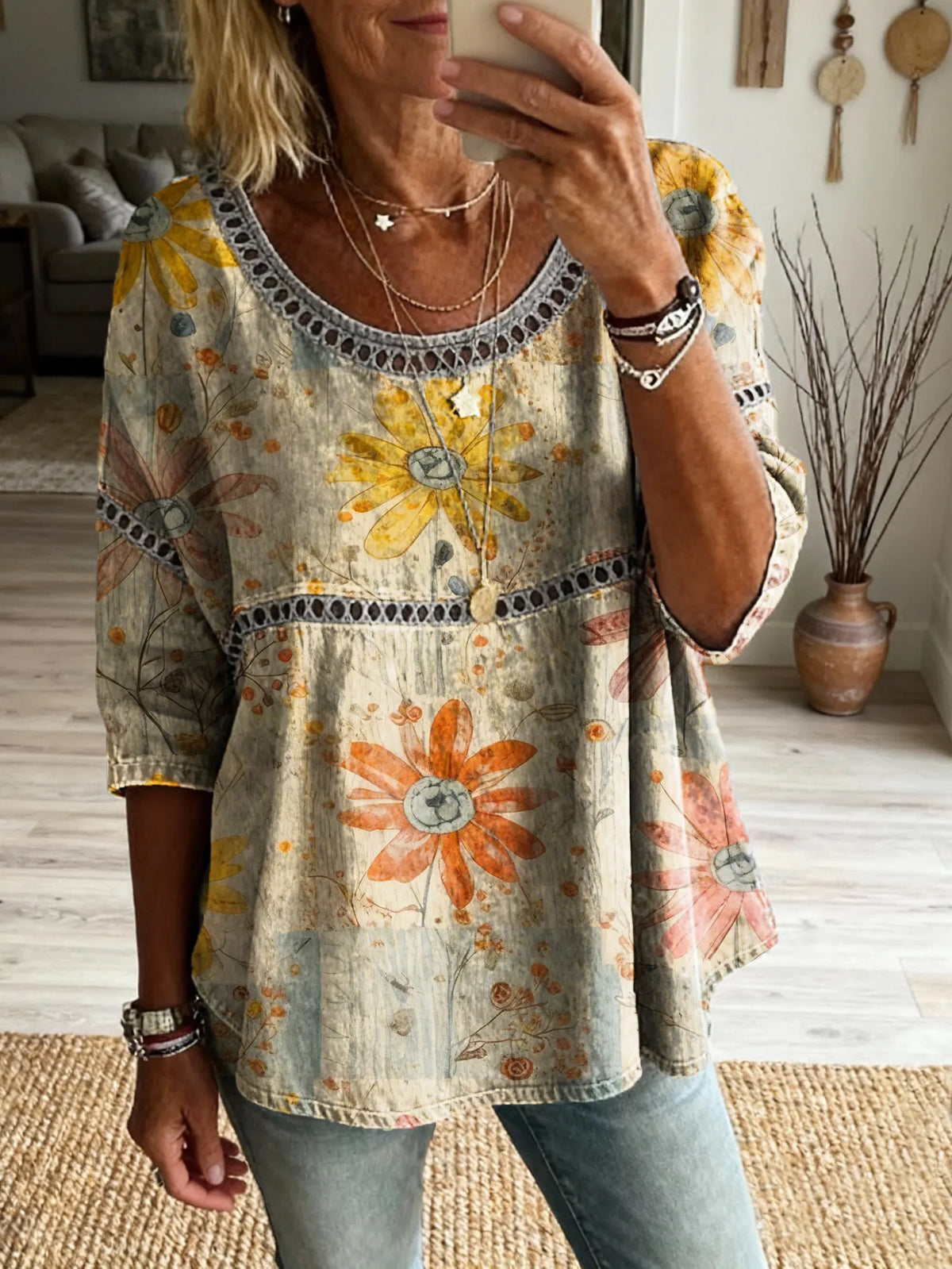 Women's Bohemian Vintage Floral Art Print Casual Round Neck Cutout Top
