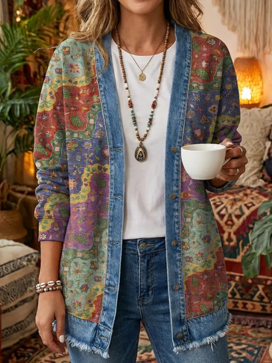 Women's Ethnic Wave Patchwork Art Print Cotton Jeans