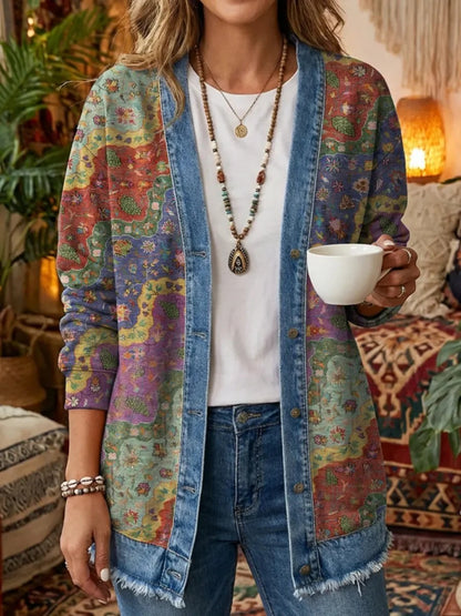 Women's Ethnic Wave Patchwork Art Print Cotton Jeans