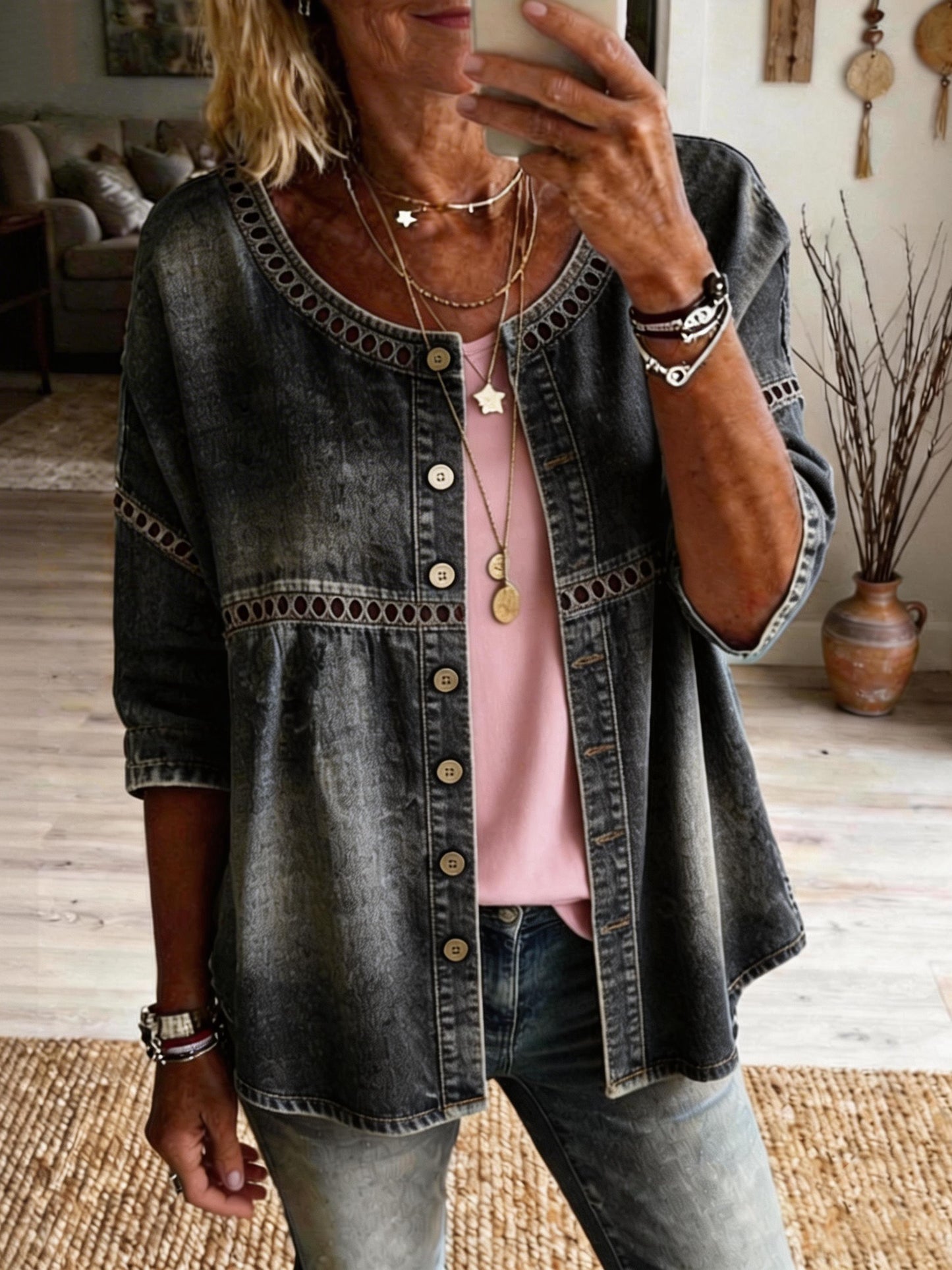 Women's Casual Round Neck Hollow-out Washed Cotton Denim Cardigan Shirt