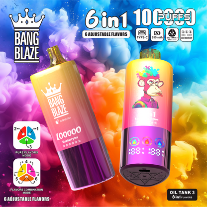 Bang Blaze 100000 100K Puffs 6 in 1 Flavors Newest Original Rechargeable LED Display Disposable Vape