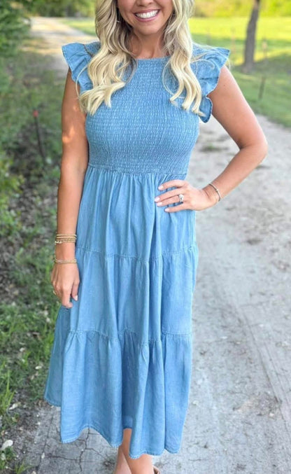 Denim Blue Chambray Ruffle Dress