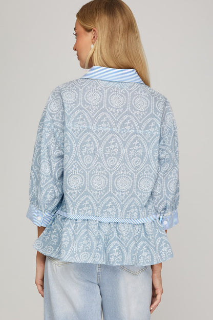 French Blue Quarter Sleeve Peplum Top