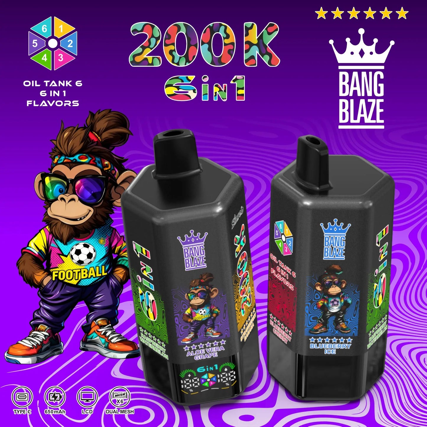 Bang Blaze 200000 200K Puffs 6 in 1 Flavors &  6 oil tanks Rechargeable LCD Display Disposable Vape