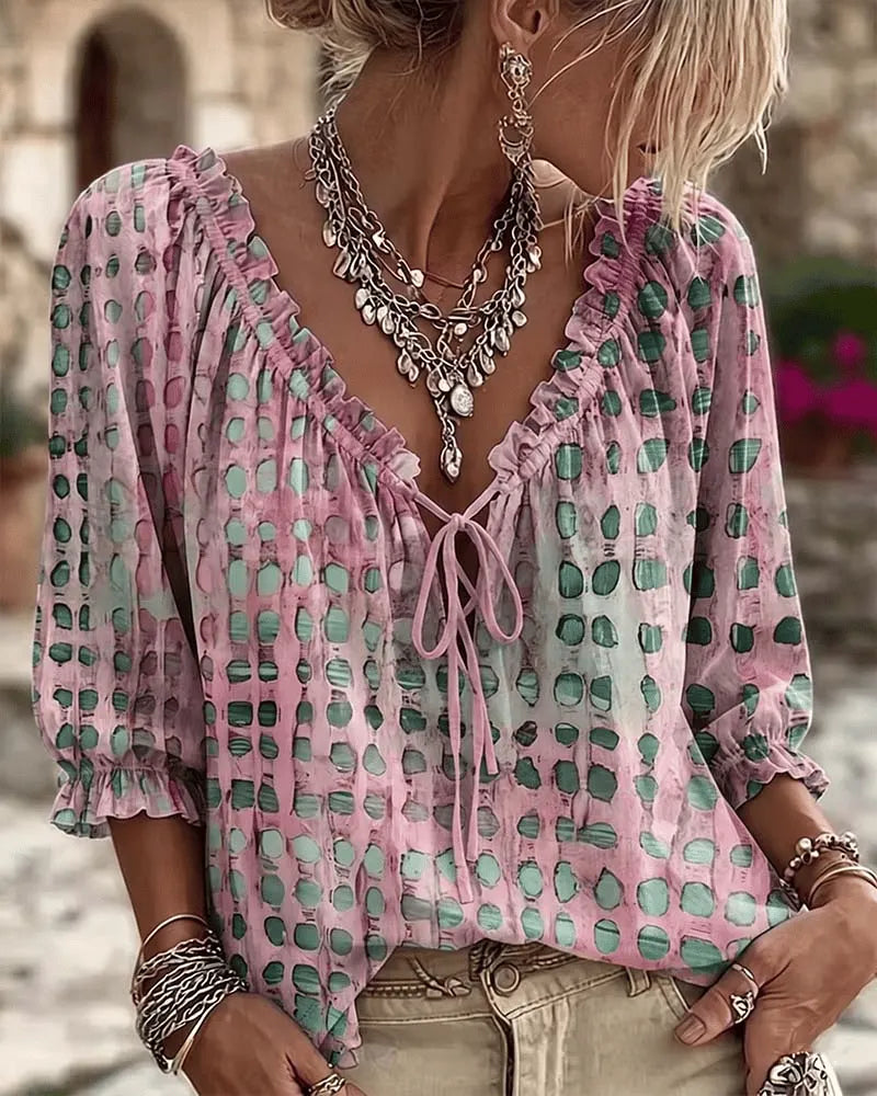 Bevelyn - Soft-Touch Polka Dot Lace-Up Blouse