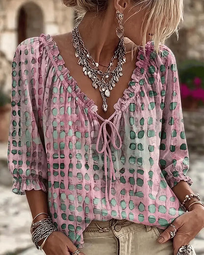 Bevelyn - Soft-Touch Polka Dot Lace-Up Blouse