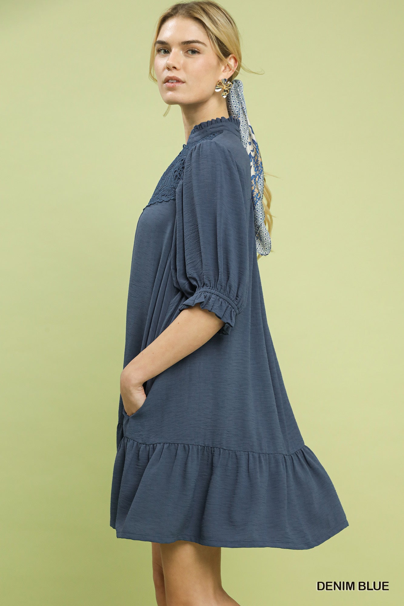UMGEE Lace Detail Tiered Dress Denim Blue