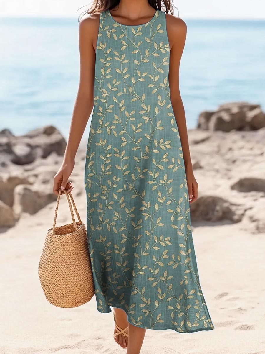 Women's Simple Leaf Art Print Sleeveless Cotton Pocket Dress
