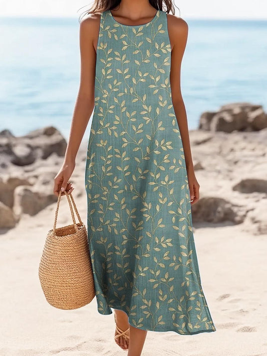 Women's Simple Leaf Art Print Sleeveless Cotton Pocket Dress
