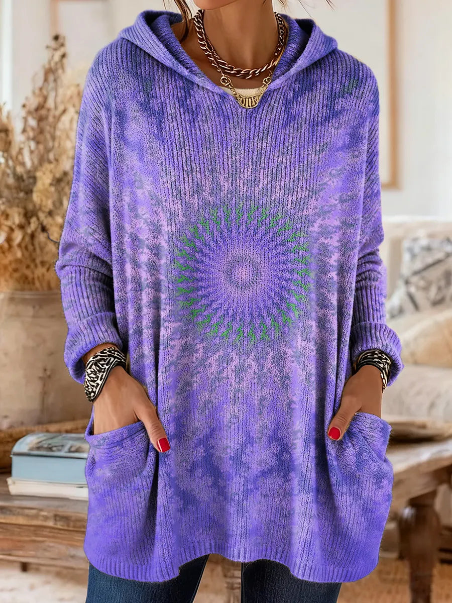 Women's Tie-Dye Mandala Pattern Art Print Casual Knit Hoodie with Pockets