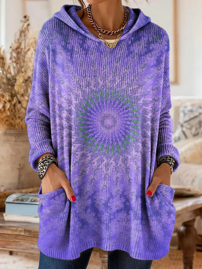 Women's Tie-Dye Mandala Pattern Art Print Casual Knit Hoodie with Pockets