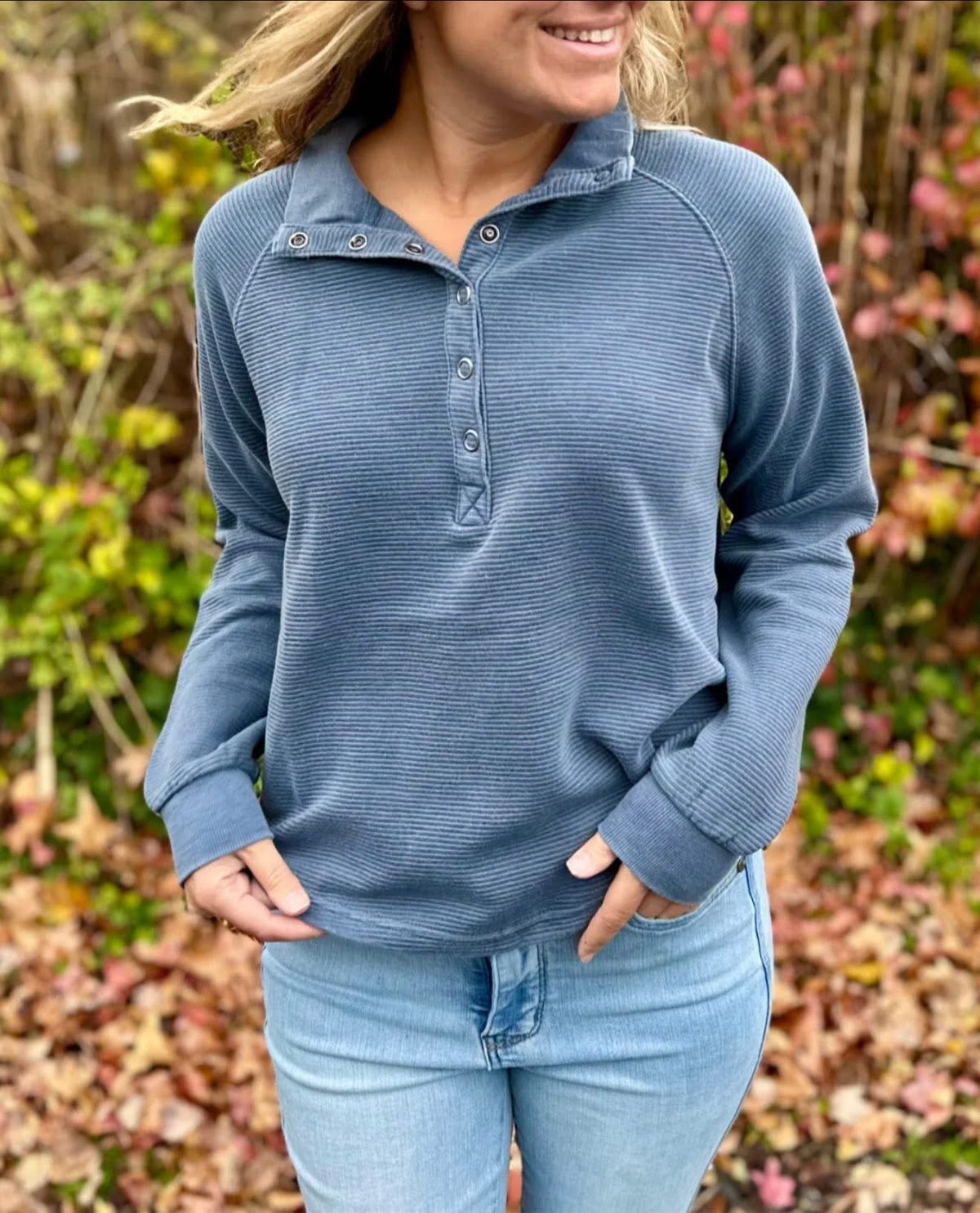 Elevated Basics Snap Henley Pullover Denim