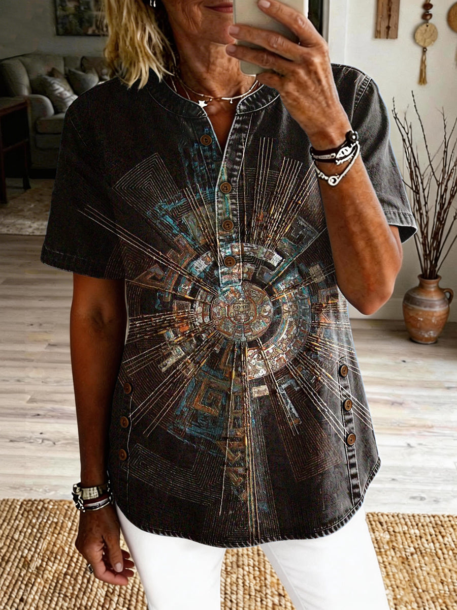 Women's Retro Ethnic Art Print Casual Short-sleeve Washed Cotton Denim Top