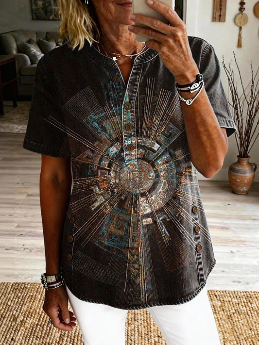 Women's Retro Ethnic Art Print Casual Short-sleeve Washed Cotton Denim Top