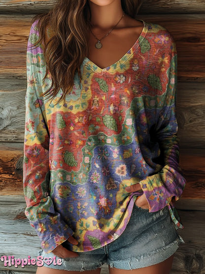 Women's Bohemian Floral Wavy Collage Art Pattern Print Pocket Cotton Dress