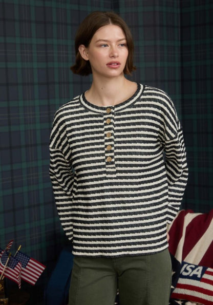 Textured Stripe Henley Top Black