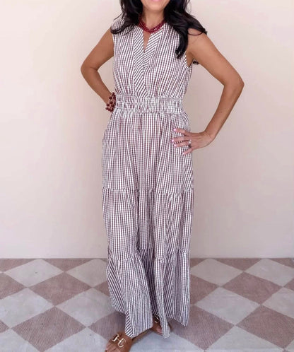 Mocha Gingham Checkered Maxi Dress