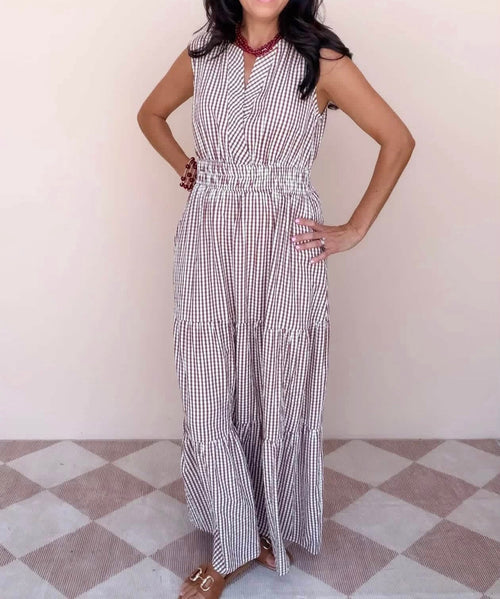 Mocha Gingham Checkered Maxi Dress