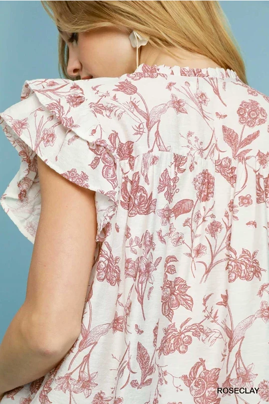 UMGEE Rose Clay Floral Ruffle Sleeve Top
