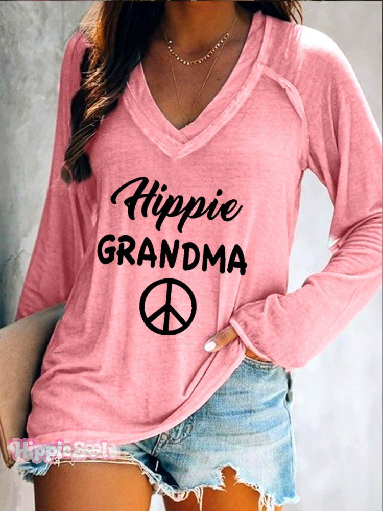 Women's Hippie Grandma Peace And Love Casual Long Sleeve V-Neck T-Shirt