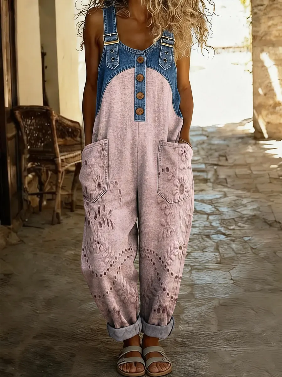 Women's Floral Art Print Patchwork Denim Overalls
