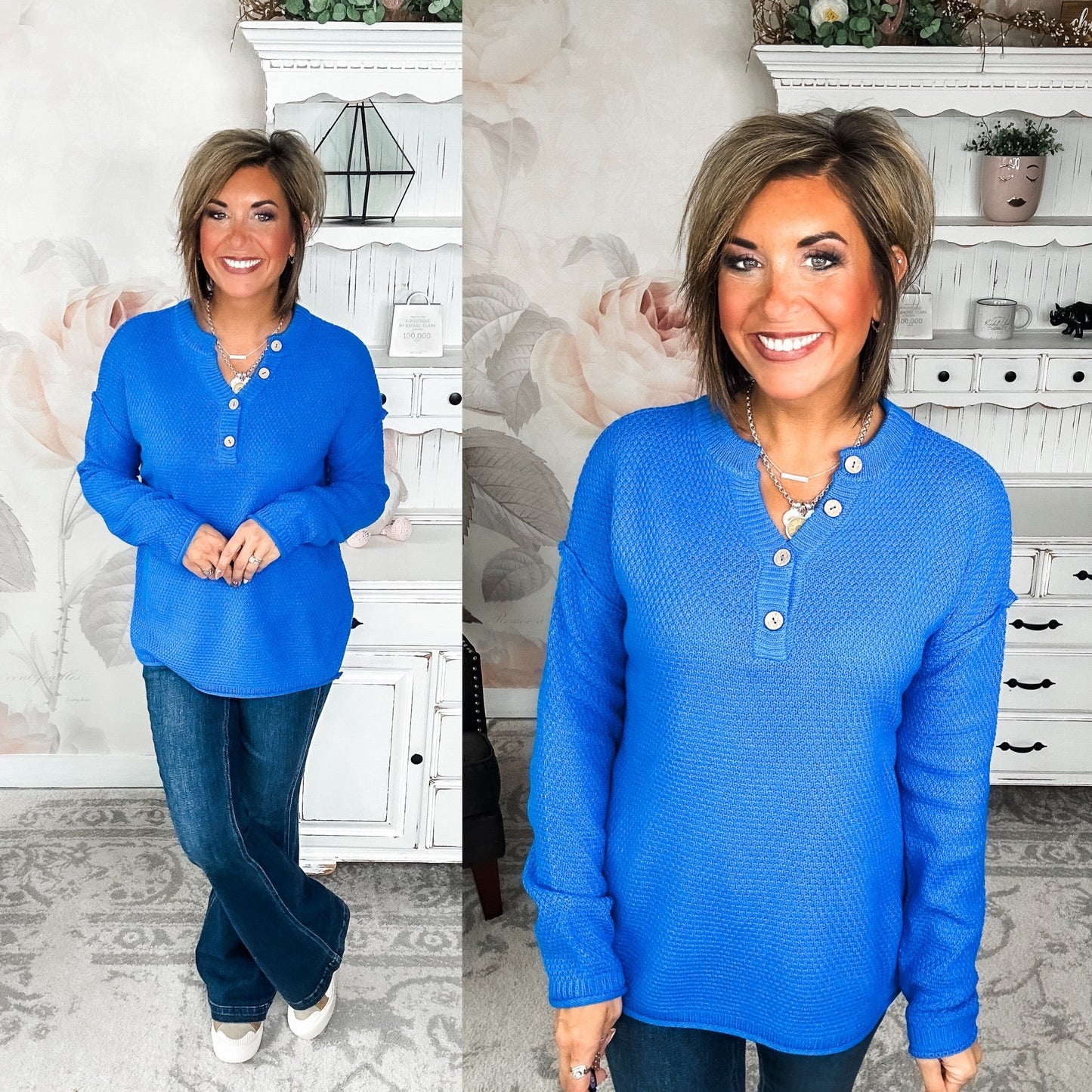 Salem Knit Button Henley Sweater Blue