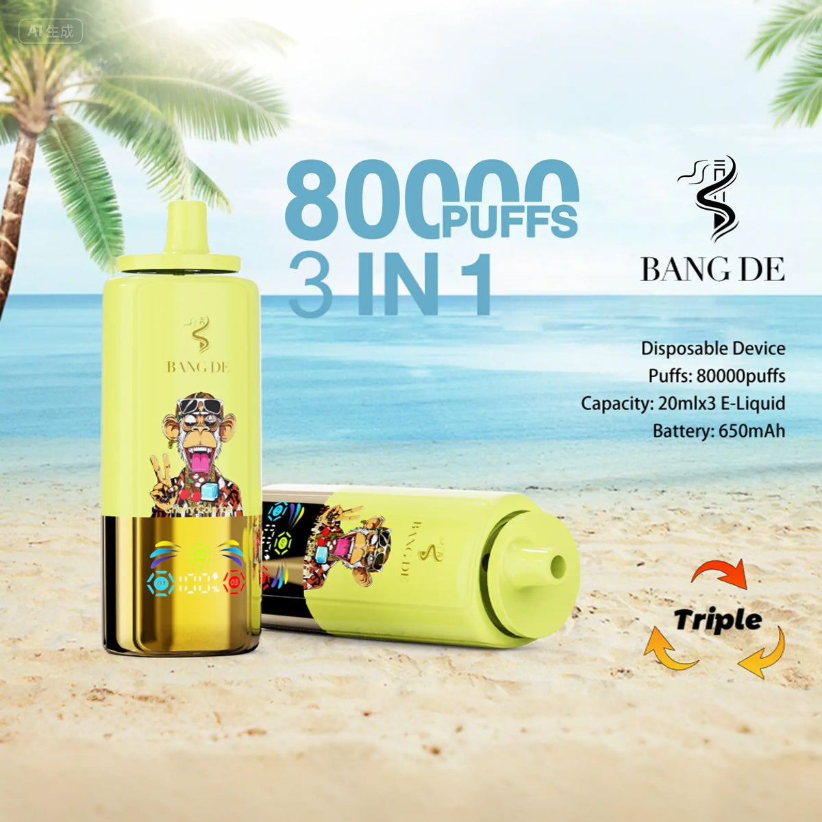 Bang DE 80000 80k Puffs 3 in 1 Flavors Newest Original Rechargeable LCD Display Disposable Vape