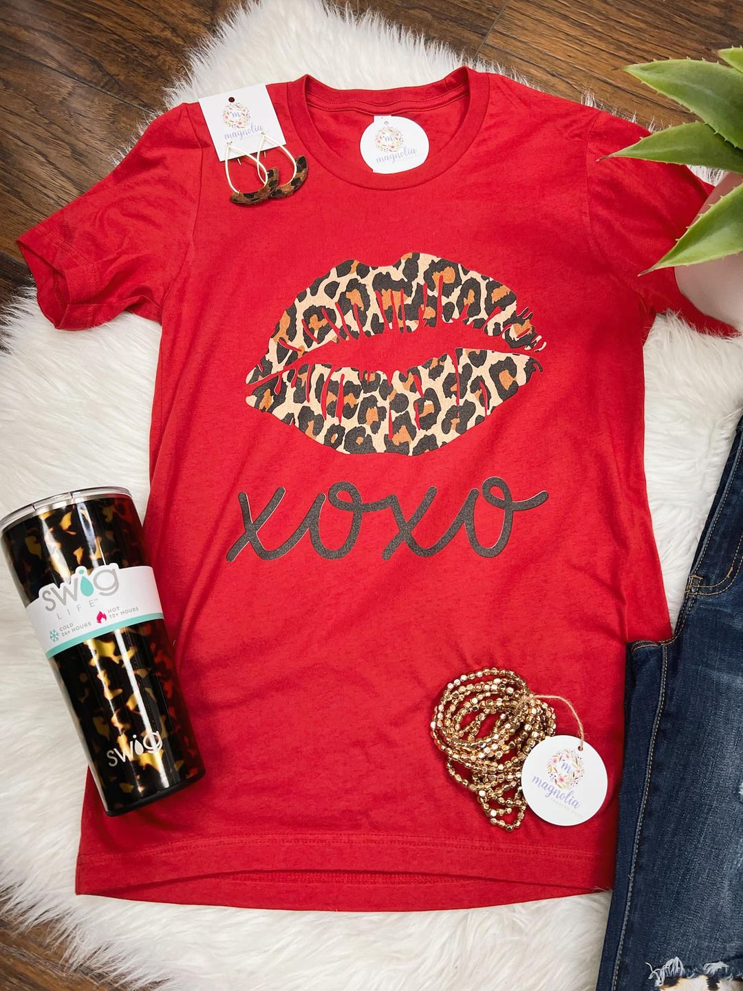 Red XOXO Leopard Lips Tee